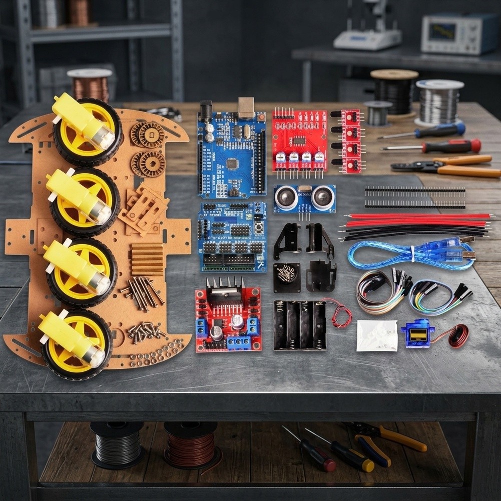Sensor Kit Arduino - 4WD対応、教育用ロボットシャーシキット。Arduino用で、モーターマウント、シャーシブラケット、トラッキングセンサー、USBケーブルが付属。