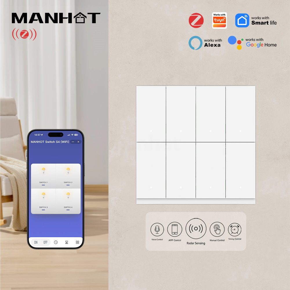 Smart Light Switch Wifi - MANHOT 6/8チャンネル Wi-Fi Zigbee スマートスイッチ。中性線が必要。プッシュボタン式の照明スイッチで、Tuya、Alexa、Google Homeに対応。