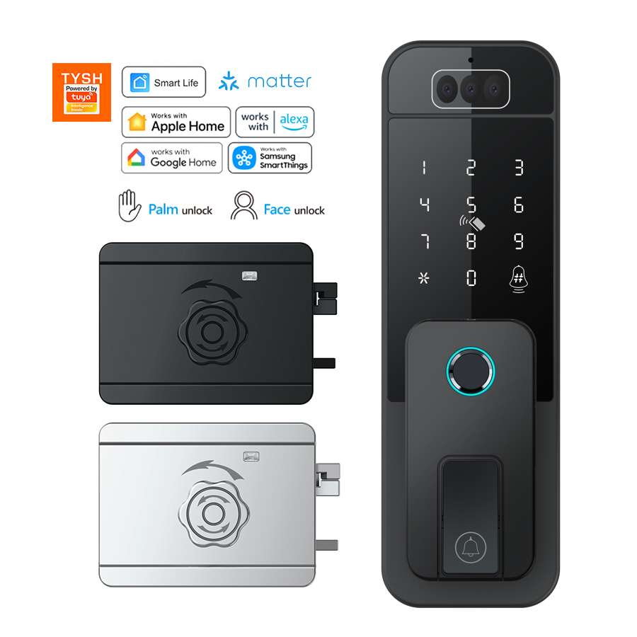 Smart Door Lock Wifi - TYSH Matter Tuyaスマートリムロック、顔認証カメラ、掌紋バイオメトリクス搭載、ゲートドア用電子デジタルWiFiセキュリティロック